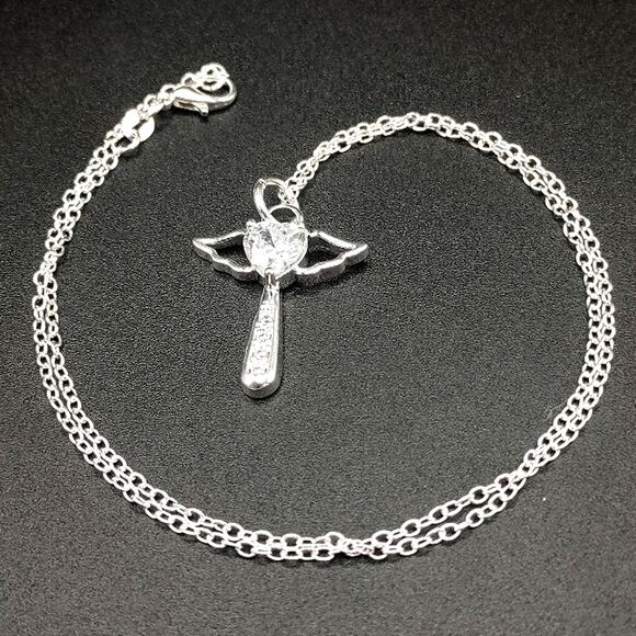 925 Silver Necklace w/ CZ Diamond Angel Wings Cross Anniversary Birthday Gift